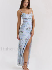 Mesh Floral Slit Bodycon Maxi Dress