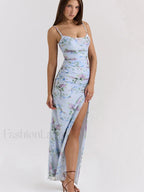 Mesh Floral Slit Bodycon Maxi Dress