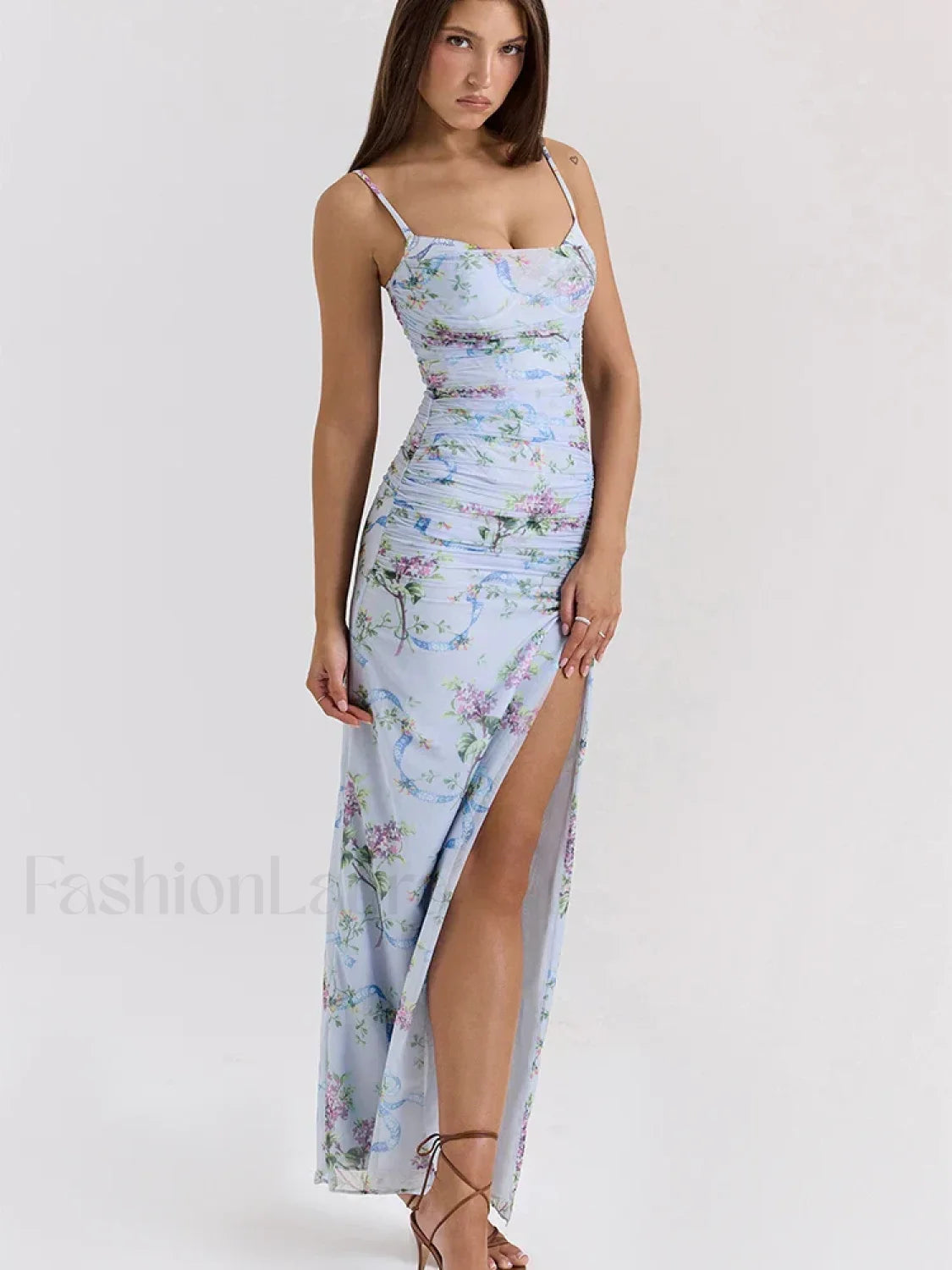 Mesh Floral Slit Bodycon Maxi Dress