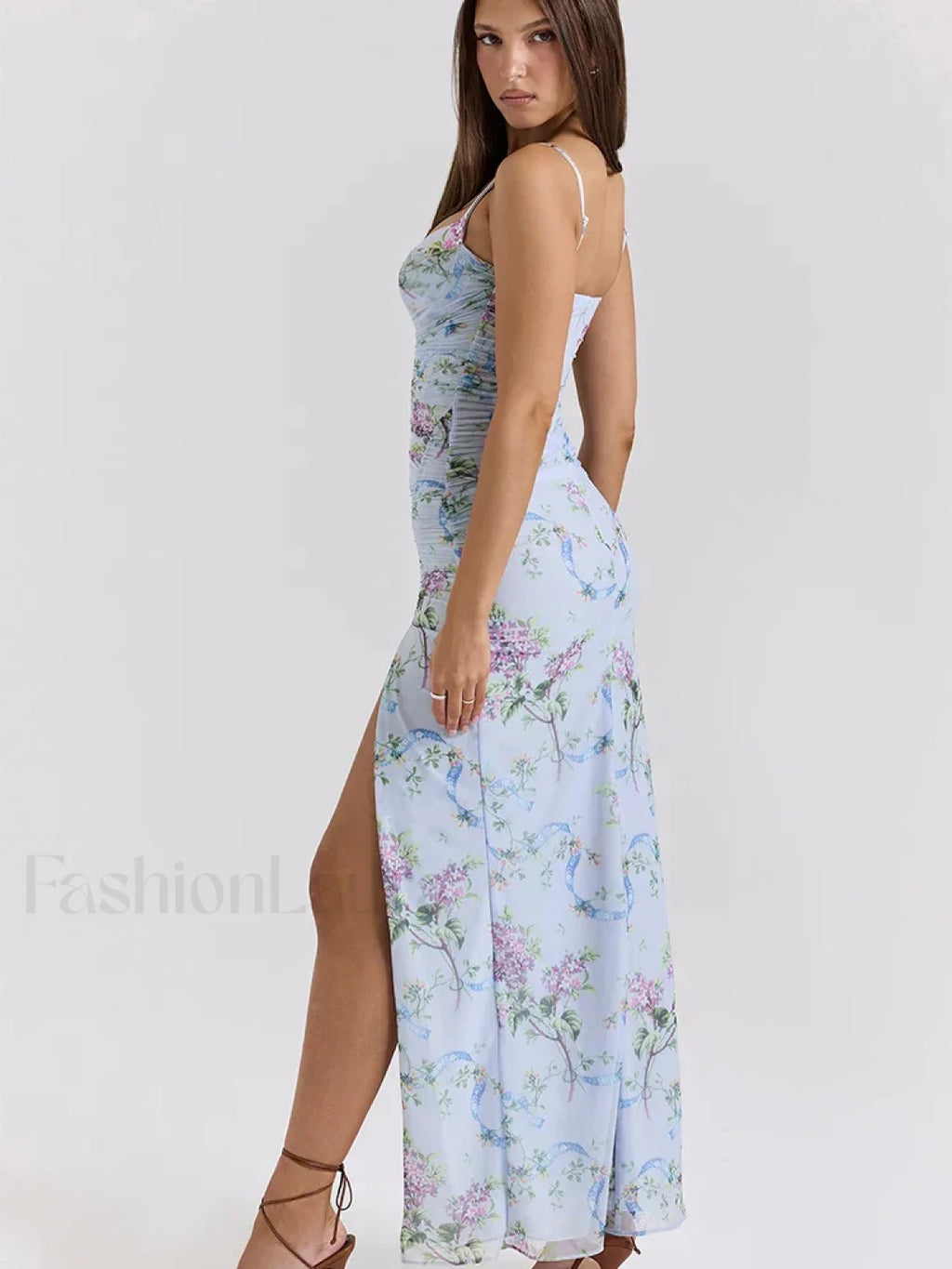 Mesh Floral Slit Bodycon Maxi Dress