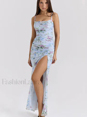 Mesh Floral Slit Bodycon Maxi Dress White / S