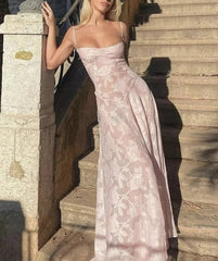 Mesh Floral Suspender Backless Maxi Dress Pink / S