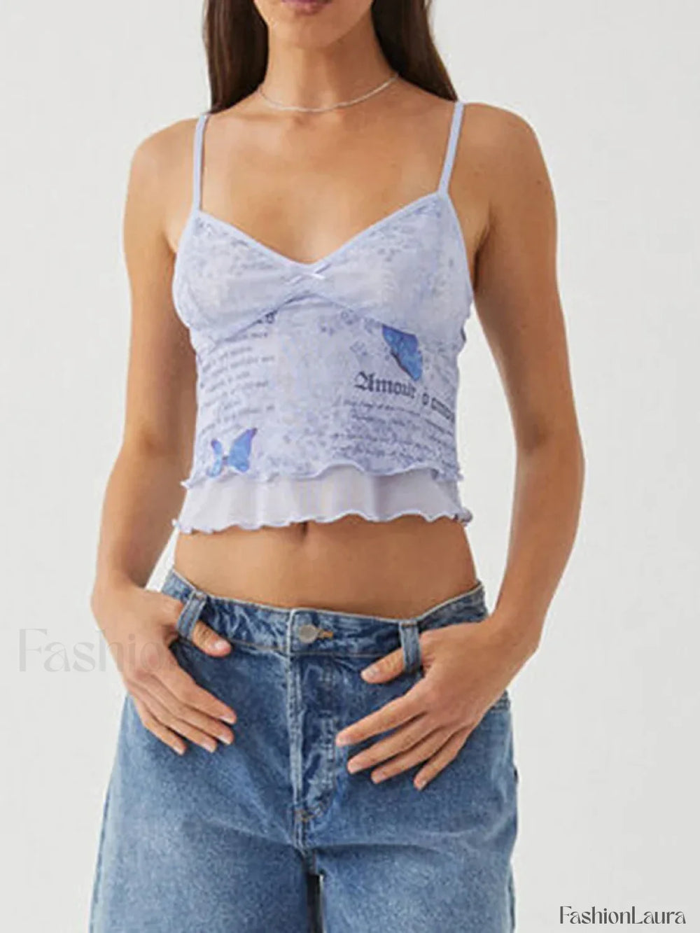 Mesh Graphic Bow Ruffle Crop Top