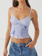 Mesh Graphic Bow Ruffle Crop Top Blue / S