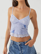 Mesh Graphic Bow Ruffle Crop Top Blue / S
