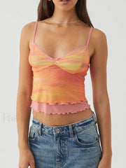 Mesh Graphic Bow Ruffle Crop Top Orange / S