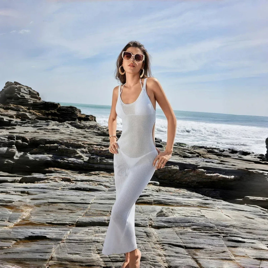 Mesh Halter Long Dress Cover Up WHITE / S
