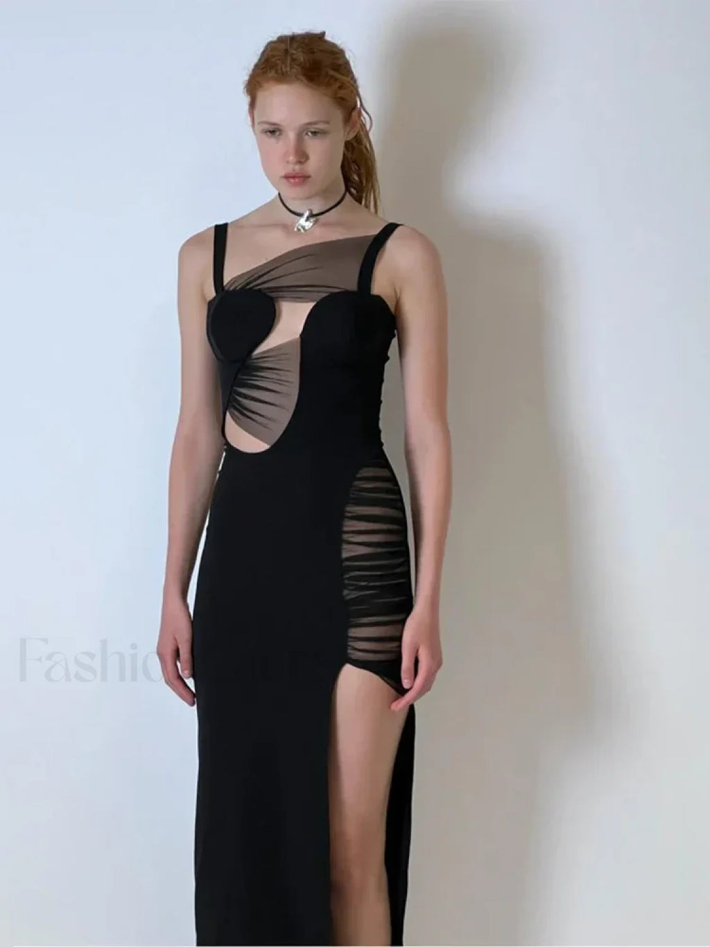 Mesh Hollow V Neck Maxi Dress