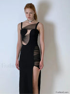 Mesh Hollow V Neck Maxi Dress