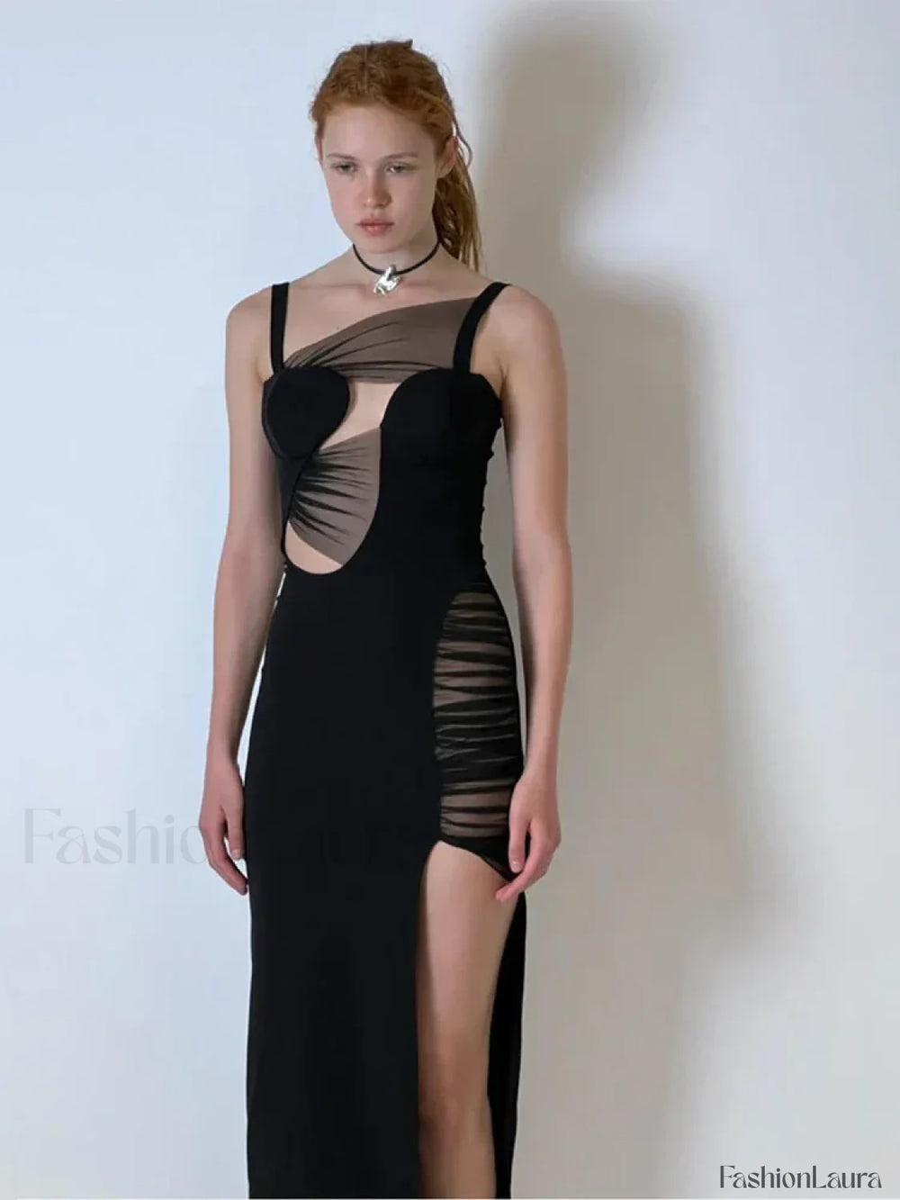 Mesh Hollow V Neck Maxi Dress