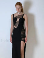 Mesh Hollow V Neck Maxi Dress