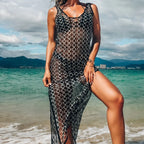 Mesh Knitted Solid Color Halter Hollow Out Cover ups