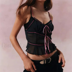 Mesh Lace Hollow Out Crop Top Black / S