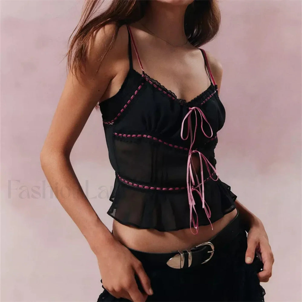 Mesh Lace Hollow Out Crop Top Black / S