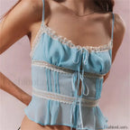 Mesh Lace Hollow Out Crop Top Blue / S