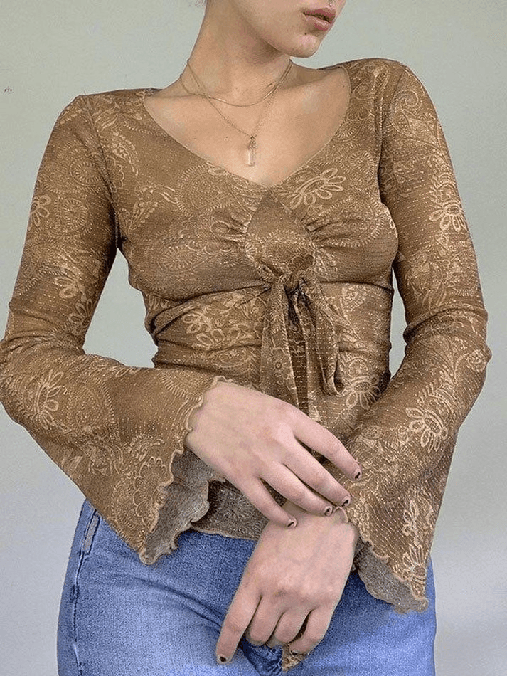 Mesh Lace Up Printed Blouse Brown / S Shirts Main image