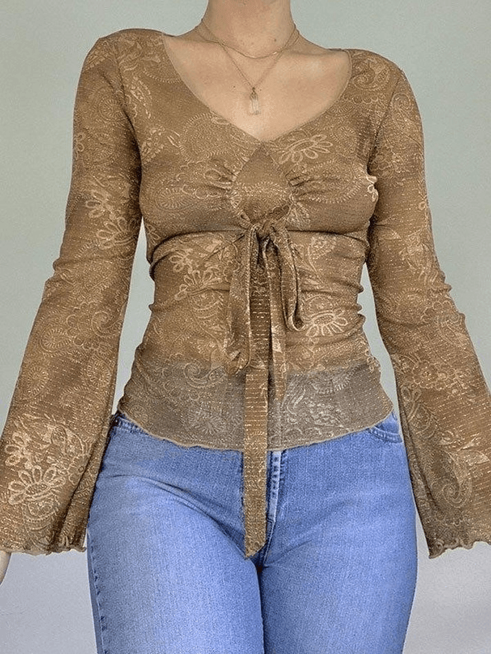 Mesh Lace Up Printed Blouse Secondary image
