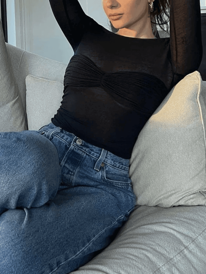 Mesh Long Sleeve Off Shoulder Top Tops&Tees
