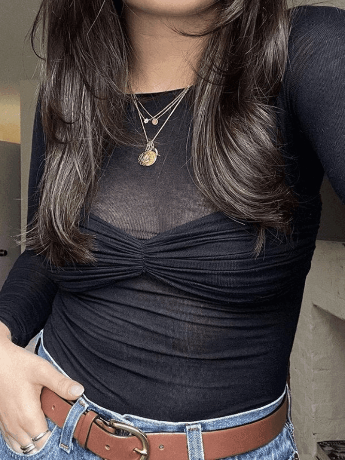 Mesh Long Sleeve Off Shoulder Top Black / S Tops&Tees