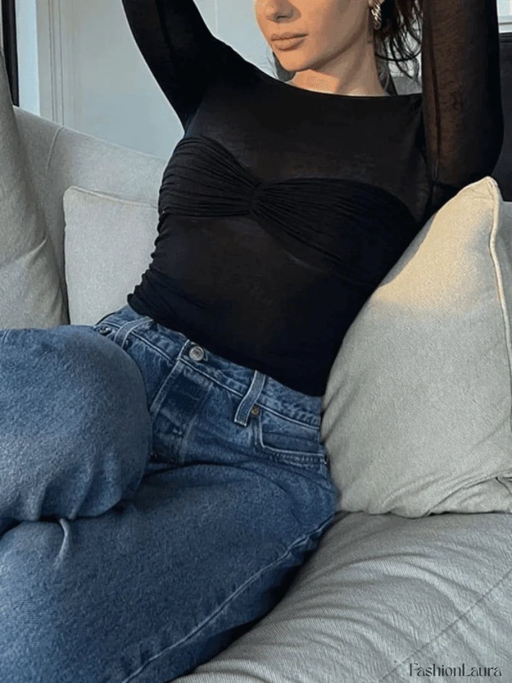 Mesh Long Sleeve Off Shoulder Top Tops&Tees