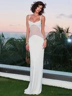 Mesh Patchwork Bodycon Maxi Dress White / S
