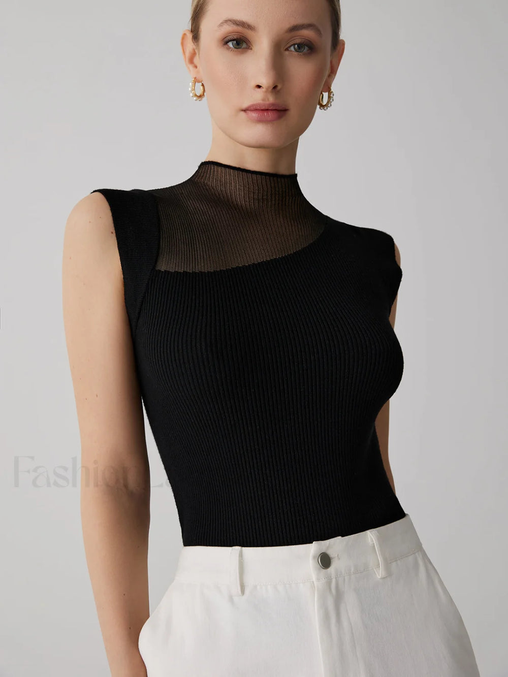 Mesh Patchwork Graceful Sleeveless Top Black / XS Sweaters L