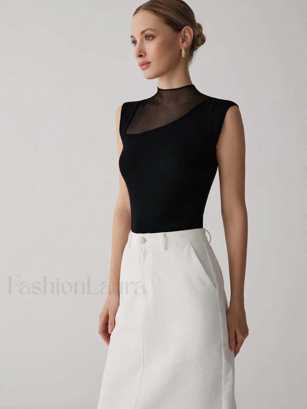 Mesh Patchwork Graceful Sleeveless Top Sweaters L