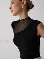 Mesh Patchwork Graceful Sleeveless Top Sweaters L