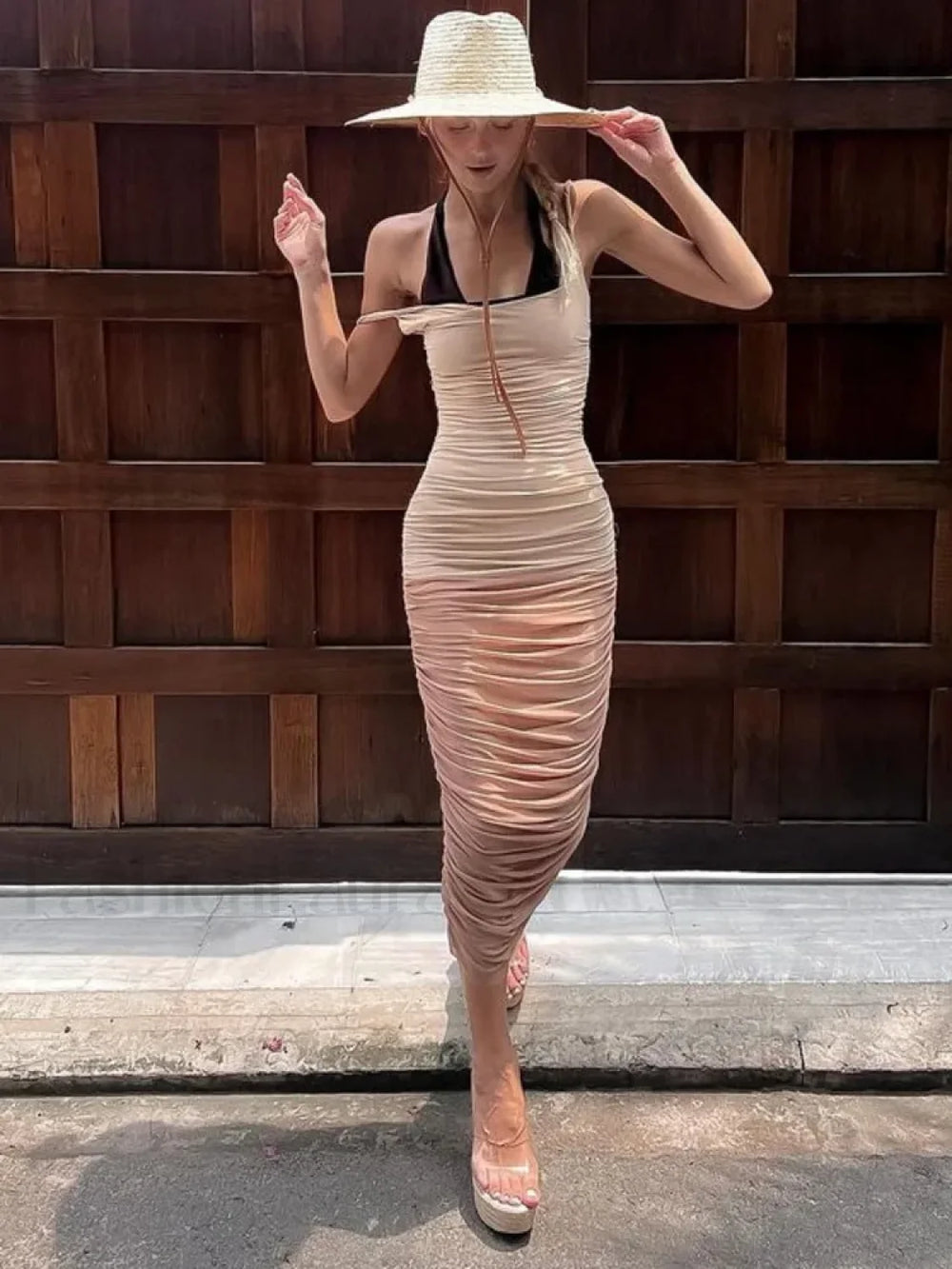 Mesh Patchwork Pleated Midi Dress