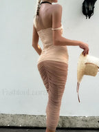 Mesh Patchwork Pleated Midi Dress