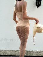 Mesh Patchwork Pleated Midi Dress Khaki / S
