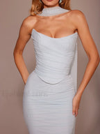 Mesh Patchwork Two Piece Maxi Dress Blue / S