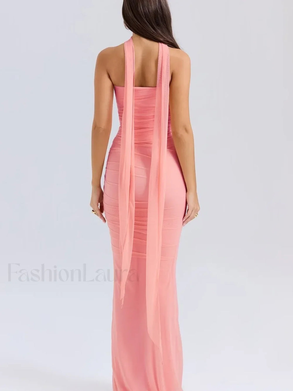 Mesh Patchwork Two Piece Maxi Dress Pink / S