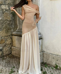 Mesh Pleated Elegant Party Maxi Dress Apricot / S