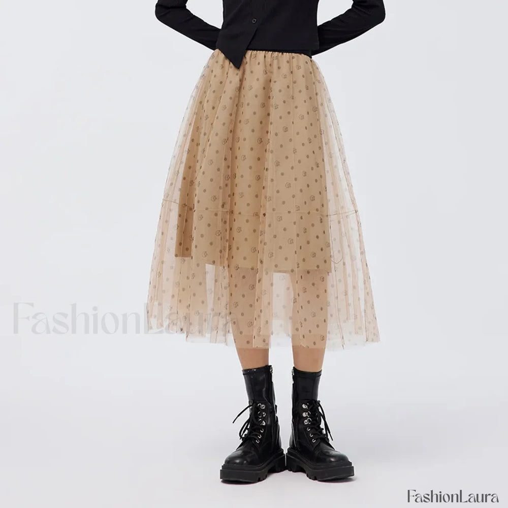 Mesh Polka Dot Umbrella Skirt coffee / S