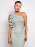 Mesh Ruched Oblique Maxi Dress