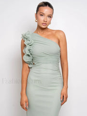 Mesh Ruched Oblique Maxi Dress