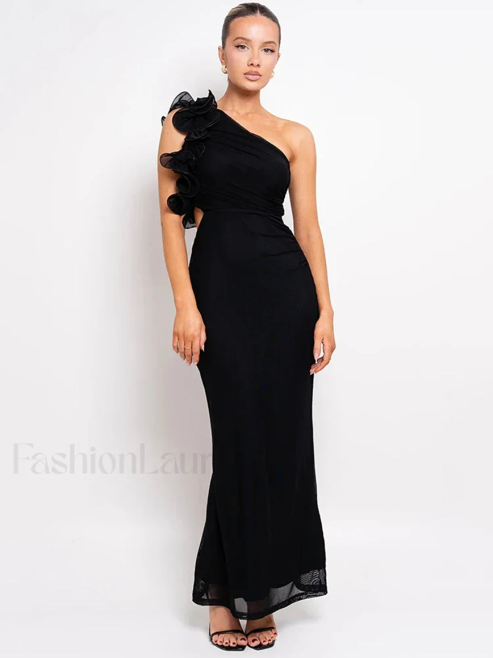 Mesh Ruched Oblique Maxi Dress Black / S