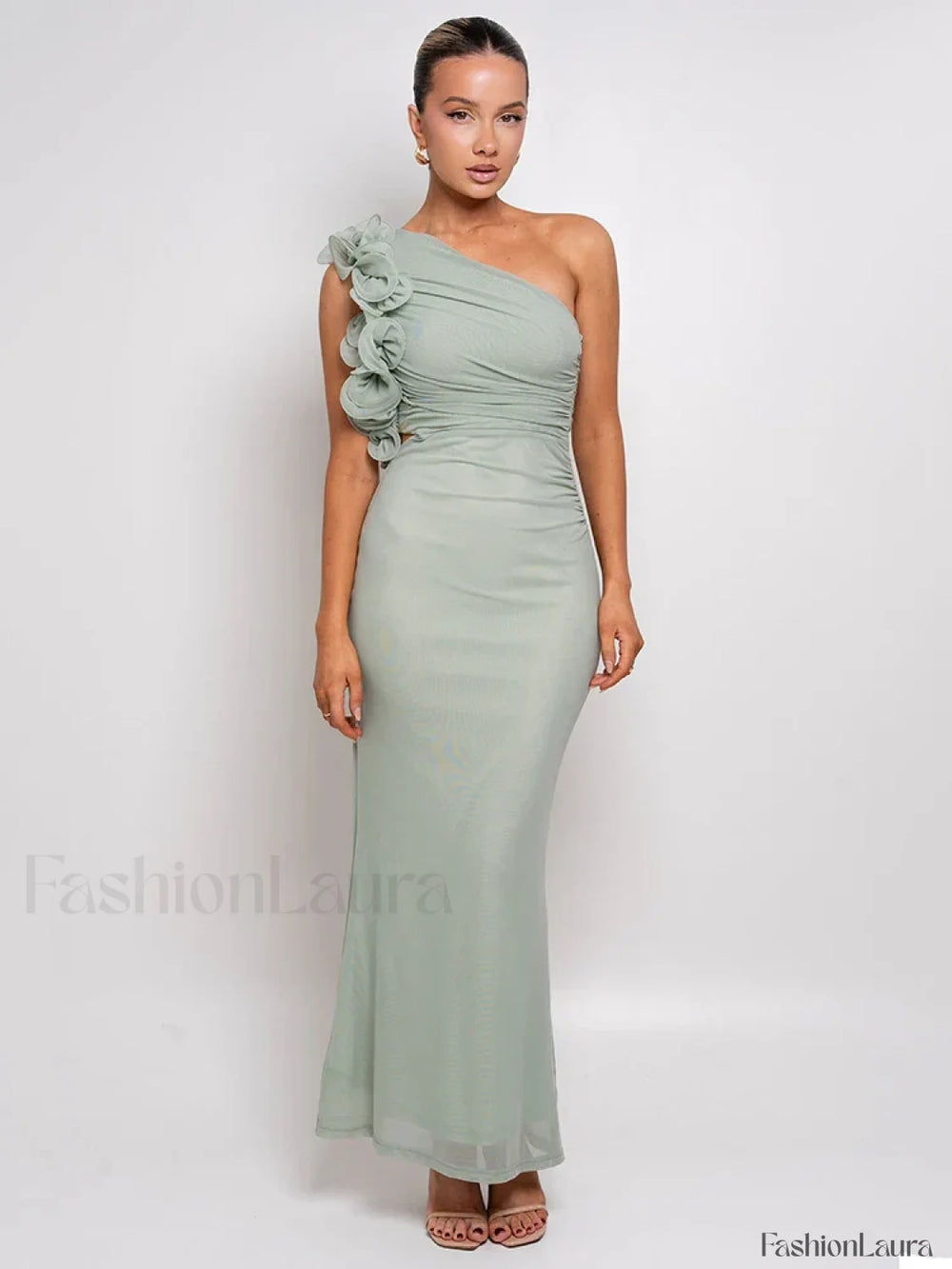 Mesh Ruched Oblique Maxi Dress Green / S