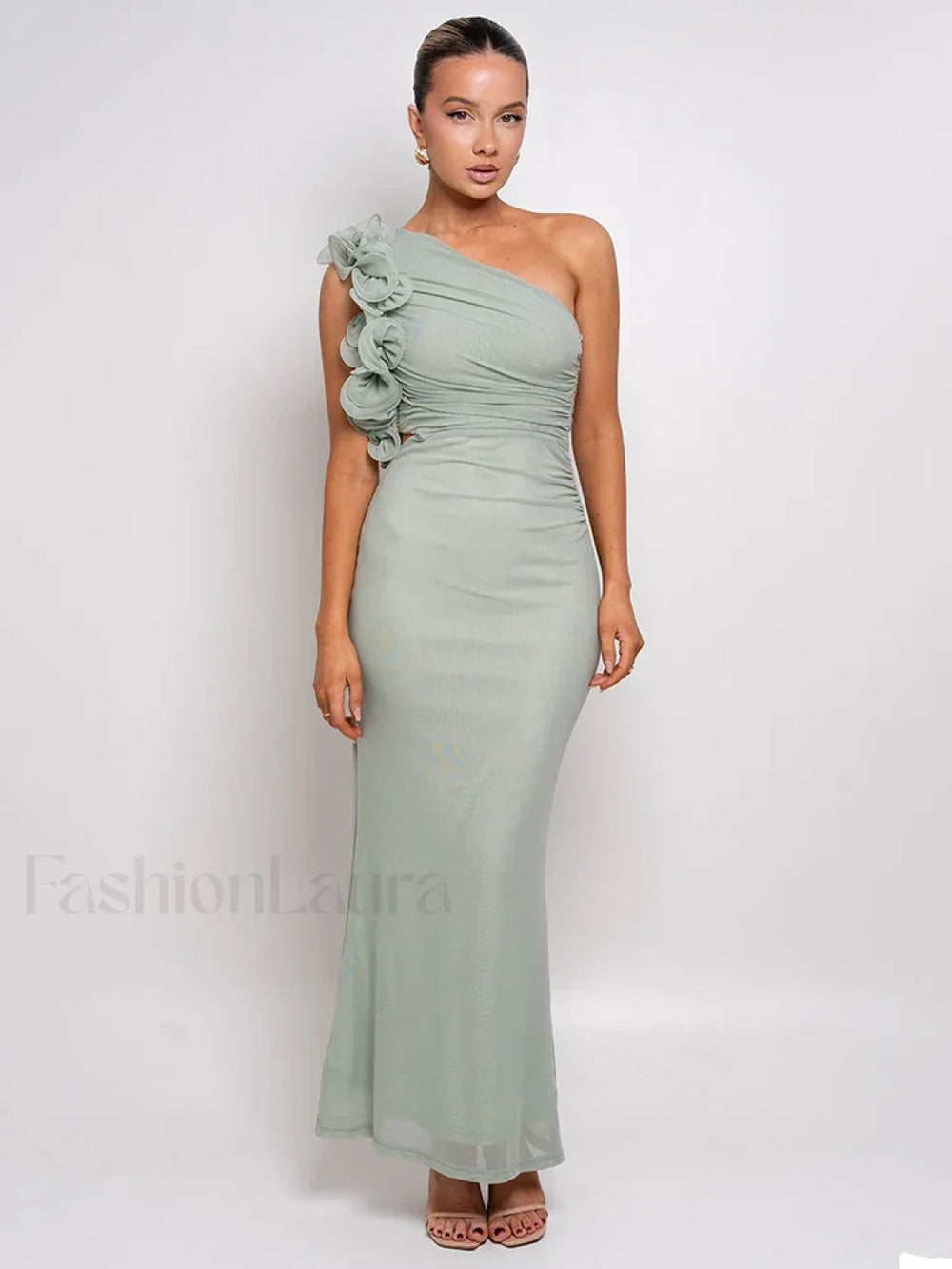 Mesh Ruched Oblique Maxi Dress Green / S
