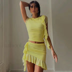 Mesh Ruched Ruffle Fringe Two Piece Set