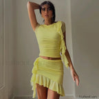 Mesh Ruched Ruffle Fringe Two Piece Set