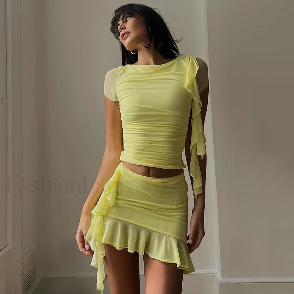 Mesh Ruched Ruffle Fringe Two Piece Set Yellow / S