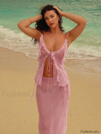 Mesh Ruffle Backless Skirt Two Piece Set