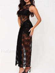 Mesh Sheer Flower Knot Maxi Dress