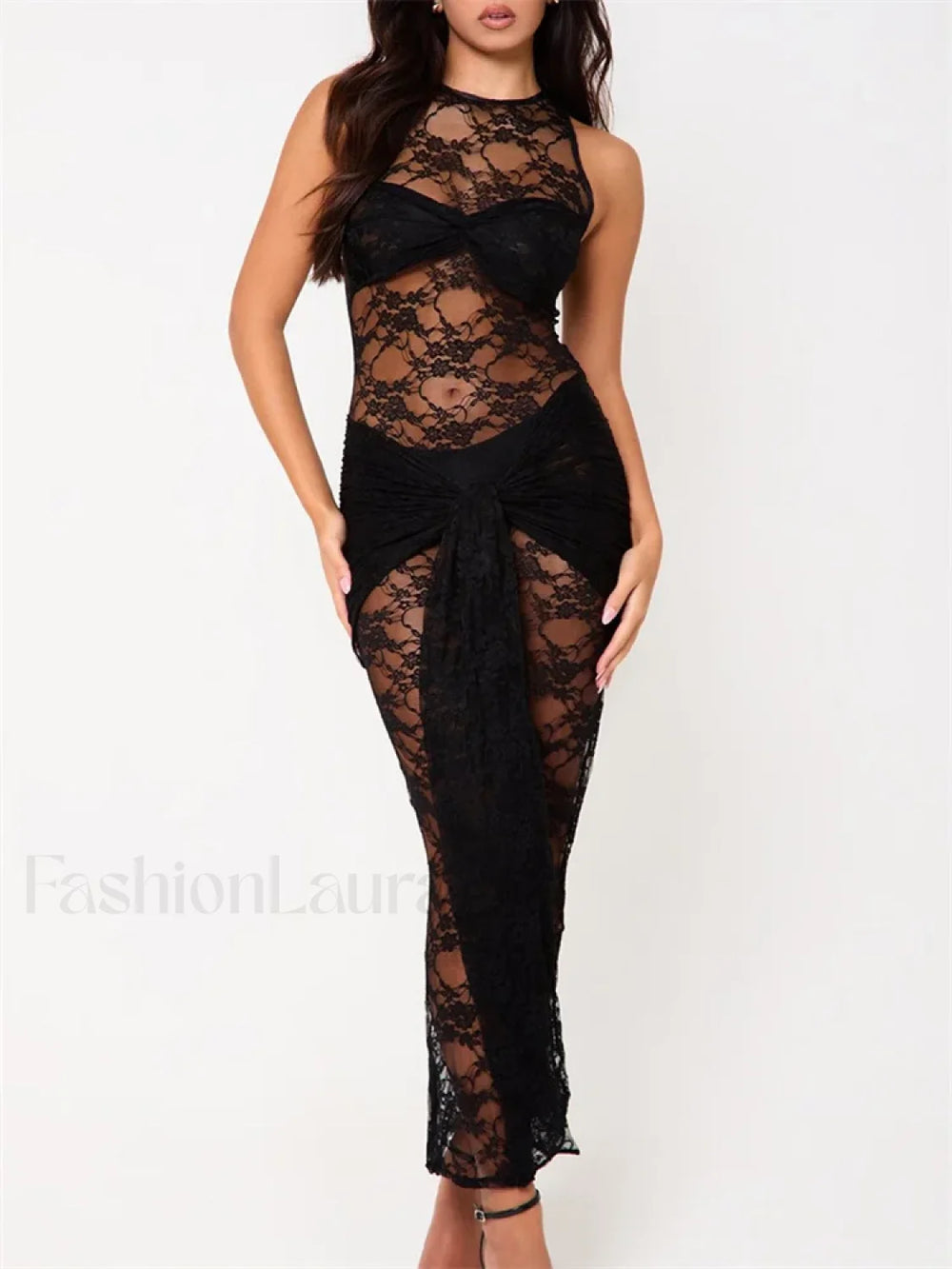 Mesh Sheer Flower Knot Maxi Dress black / S