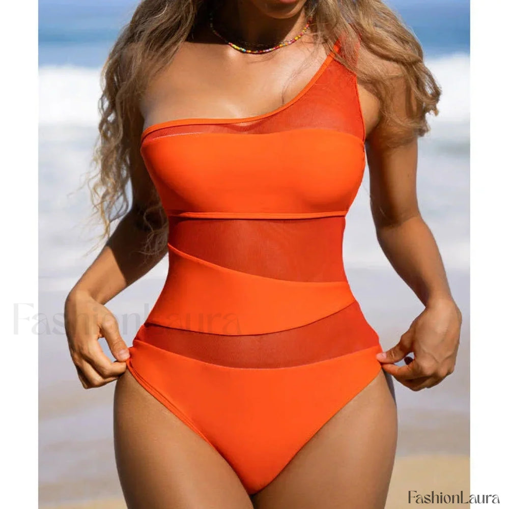 Mesh Sheer Orange One Piece Orange / S