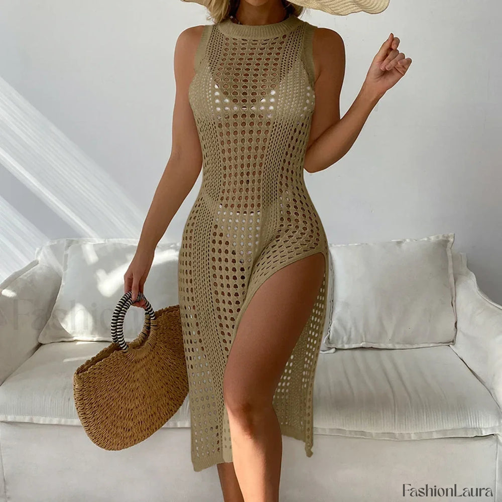 Mesh Sleeveless Slit Beach Cover Up Khaki / One Size