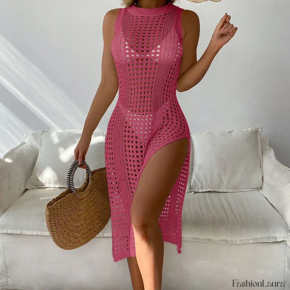 Mesh Sleeveless Slit Beach Cover Up Rose Red / One Size