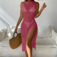 Mesh Sleeveless Slit Beach Cover Up Rose Red / One Size